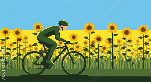 Cyclist Rides Through Vibrant Sunflower Field Under Bright Blue Sky