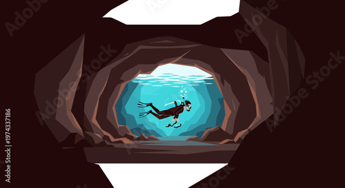 Deep Cave Diver Exploring Mysterious Underwater Grotto Scene