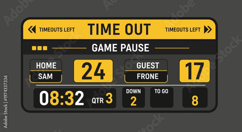 Digital Scoreboard Graphic For Sports Games Featuring Timeouts And Game Status