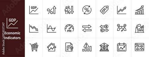 Economic Indicators Line Icon Set - Macroeconomics and Financial Data Vector Illustrations