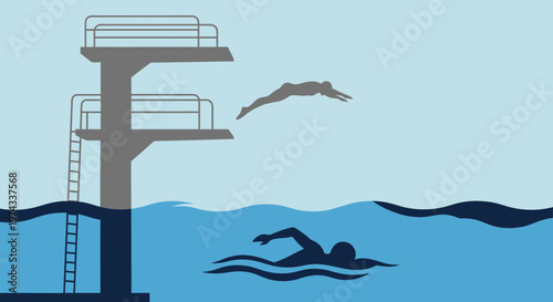 Dive Into Action A Diver Leaps And Swimmer Glides In Pool