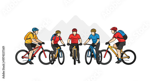 Diverse Group Of Cyclists Riding Mountain Bikes Together