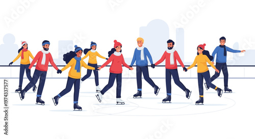 Diverse Group Enjoys Festive Outdoor Ice Skating Together