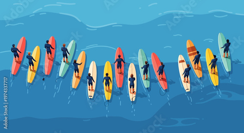 Diverse Surfers Ride Colorful Boards On Ocean Waves