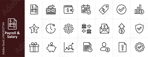 Payroll and Salary Line Icon Set - Minimalist Business and Human Resources Vector Illustrations