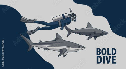 Diver Encounters Sharks In Bold Underwater Adventure Illustration