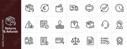 Returns and Refunds Line Icon Set - Minimalist E-commerce and Reverse Logistics Vector Illustrations