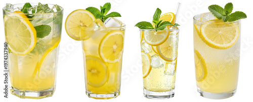 Foto A refreshing collection of lemonade glasses with ice, lemon slices, and mint leaves, isolated on transparent