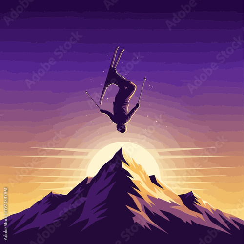 Dramatic Freestyle Skiing Acrobatic Flip Against Mountain Sunset Sky