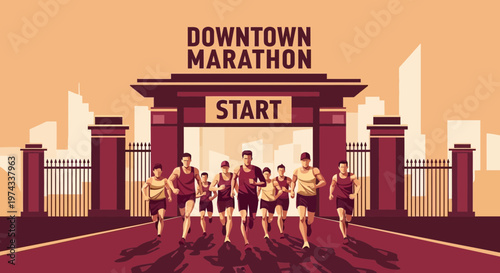 Downtown Marathon Race Start Line Illustration Vibrant Cityscape Background