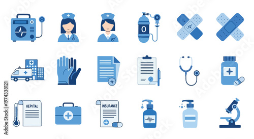 This vector illustration features a set of various blue-colored medical and healthcare icons, ranging from staff to essential tools.
