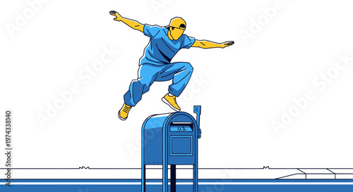 Dynamic Acrobat Leaps Over Iconic Blue Mailbox
