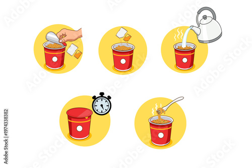 How to Cook Instant Cup Noodles Step by Step Cartoon Vector Illustration