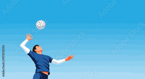 Dynamic Athlete Executes Volleyball Spike Against Blue Sky Backdrop