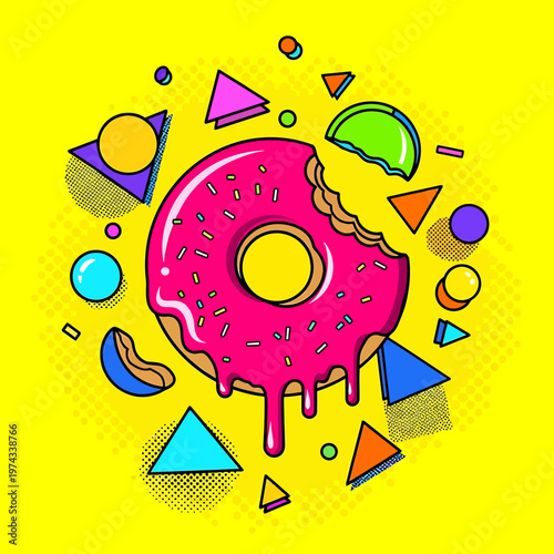 Colorful donut with geometric shapes on yellow background