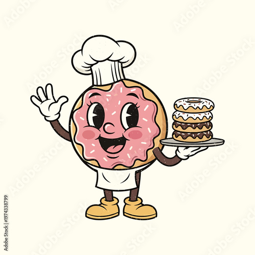 Friendly donut character holding a tray of donuts