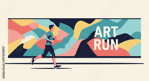 Dynamic Athletic Man Running Past Abstract Colorful Art Exhibition Backdrop Banner
