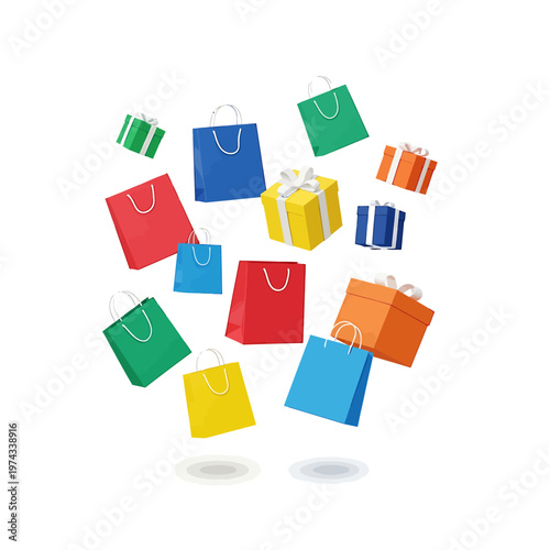 A vibrant collection of colorful shopping bags and gift boxes, perfect for retail and e-commerce promotions
