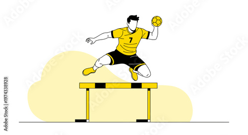 Dynamic Athlete Leaping Over Hurdle During Energetic Handball Game