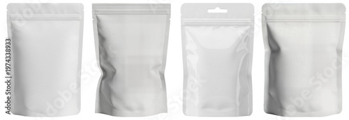 Foto White blank stand-up pouch bags, mockups isolated on a transparent background for product branding design