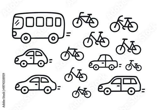 Simple line art of cars and bicycles: visual comparison of transportation modes