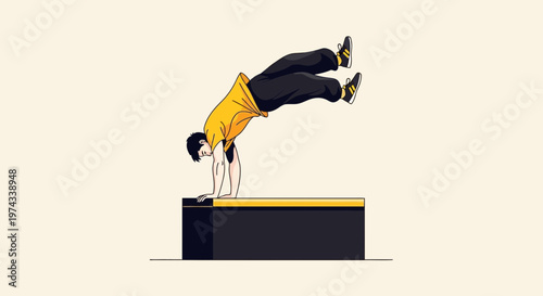 Dynamic Athletic Parkour Athlete Executes Precision Handstand On Box