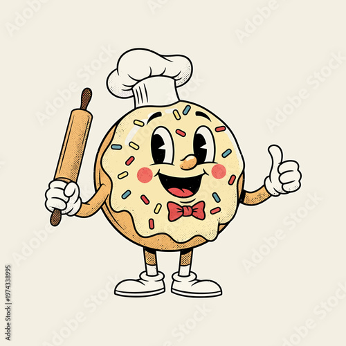 Donut character wearing chef hat giving thumbs up with rolling pin