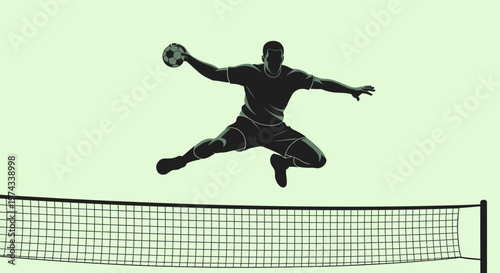 Dynamic Athlete Leaping Over Net With Ball in Action Pose