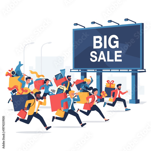 People rushing to big sale billboard with shopping bags