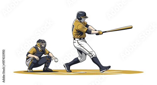 Dynamic Baseball Action Dynamic Batter Swinging Catcher Ready for Pitch