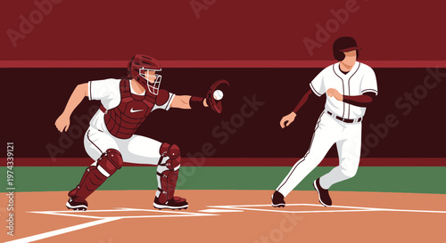 Dynamic Baseball Action Catcher And Runner Illustration
