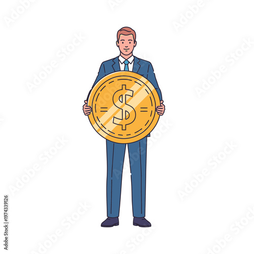 Businessman Holding Large Gold Coin with Dollar Sign
