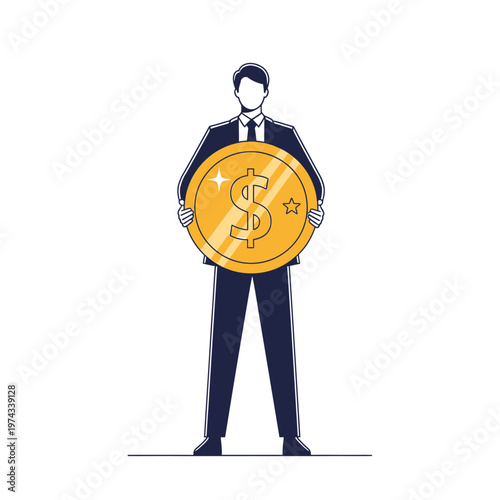 Businessman Holding Large Golden Dollar Coin