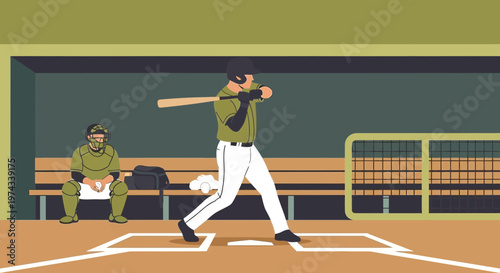 Dynamic Baseball Action Illustration Focusing On The Batter And Catcher