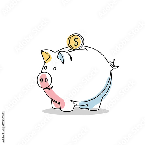 Cute cartoon piggy bank with coin on top saving money