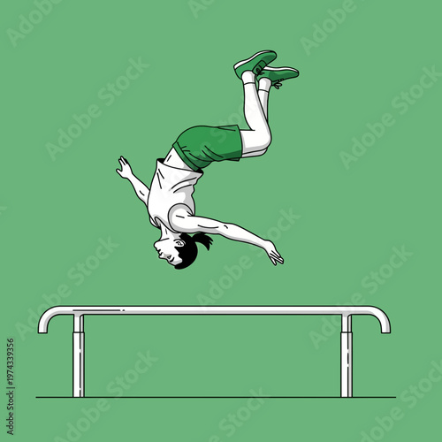 Dynamic Athlete Performs Aerial Gymnastics Over Parallel Bars Skillful Routine