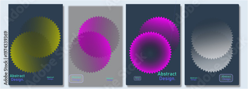 Set of futuristic abstract posters. Vibrant blurred gradients, vector illustration of a pink flower with a label