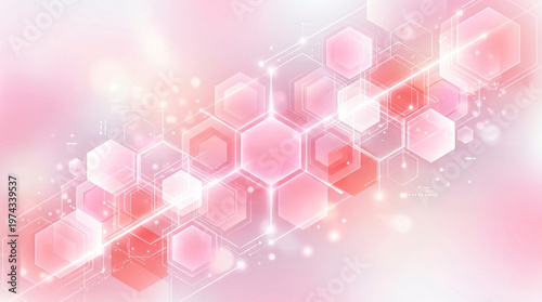 Dreamy pink abstract tech background with translucent glowing hexagons, bokeh lights and soft digital circuit design.