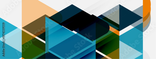 Abstract geometric composition. Overlapping shapes create dynamic visual texture. Cool blues contrast warm oranges, greens. Modern design.