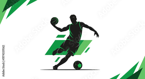 Dynamic Athlete Silhouette Dribbling Basketball And Soccer Ball Graphic
