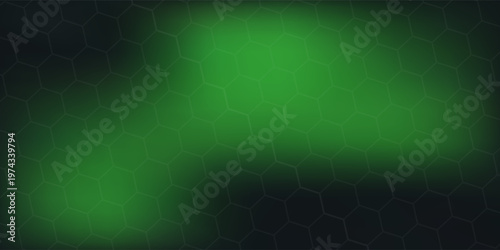 Dark technology hexagonal vector abstract background. Green bright energy flashes under hexagon in dark technology futuristic modern background vector illustration. Gray honeycomb texture grid.