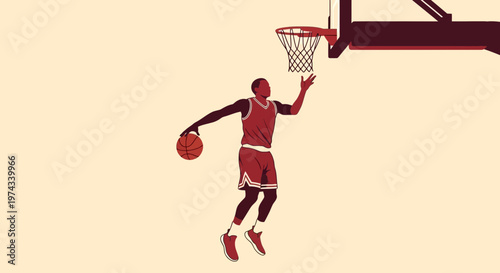 Dynamic Basketball Player Leaping For A Slam Dunk Near The Hoop