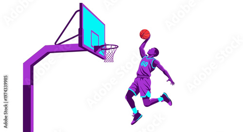 Dynamic Basketball Player Leaping for a Slam Dunk Action Shot