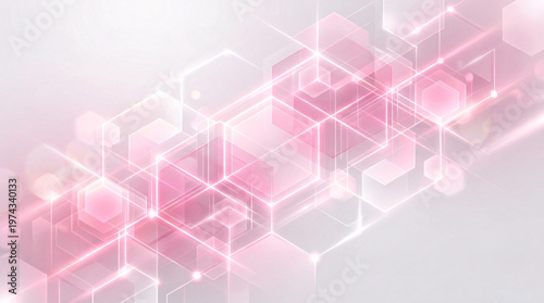 Soft pink and white abstract tech background with overlapping translucent hexagons, glowing intersections and geometric lines.