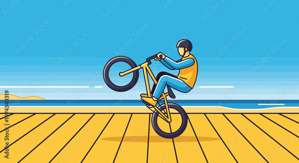 Fototapeta premium Dynamic Bicycle Rider Performing a Wheelie by the Beach