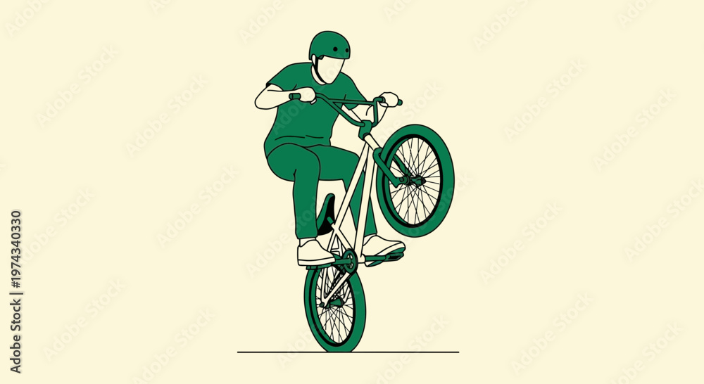 Fototapeta premium Dynamic Bicycle Rider Performing A Wheelie On A Light Background