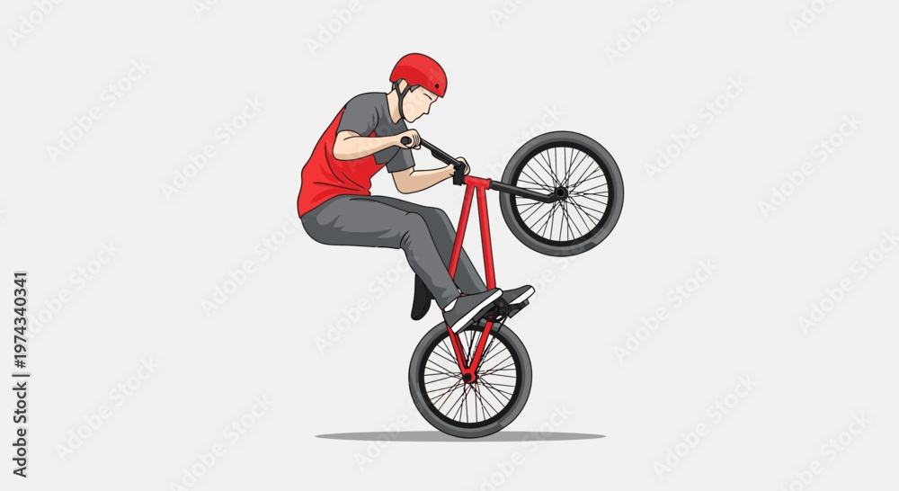 Fototapeta premium Dynamic Bicycle Rider Performing A Wheelie Skillful Stunt