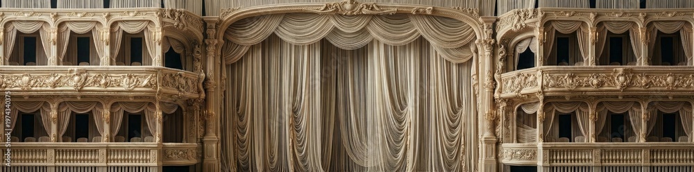Obraz premium An elegant opera hall interior featuring ornate balconies and a grand curtain, showcasing classical architectural details and luxurious design.