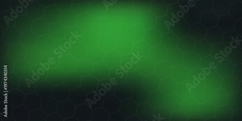 Dark technology hexagonal vector abstract background. Green bright energy flashes under hexagon in dark technology futuristic modern background vector illustration. Gray honeycomb texture grid.
