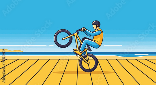 Dynamic Bicycle Rider Performing a Wheelie by the Beach